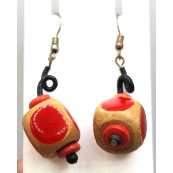 Wooden Cube Dangle Earrings WIth Red Painted Dot Design - Picture 1 of 2